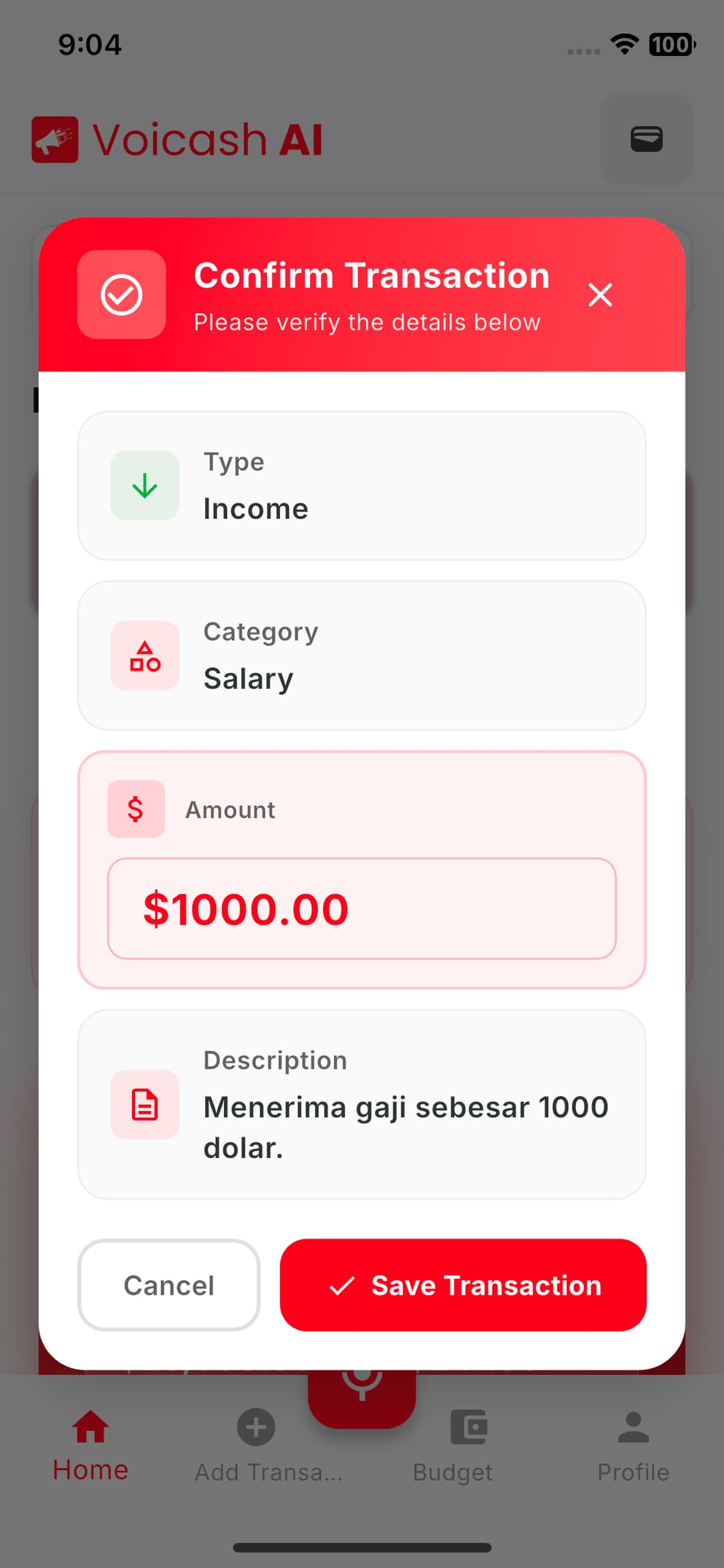 Voice input demo - Recording income and expenses